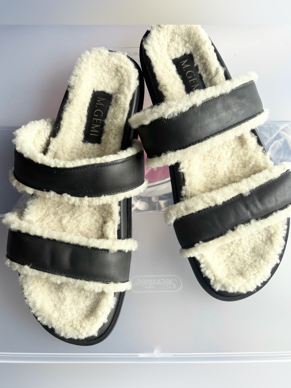 M. Gemi Black Leather Shearling-Trim Slide Sandals